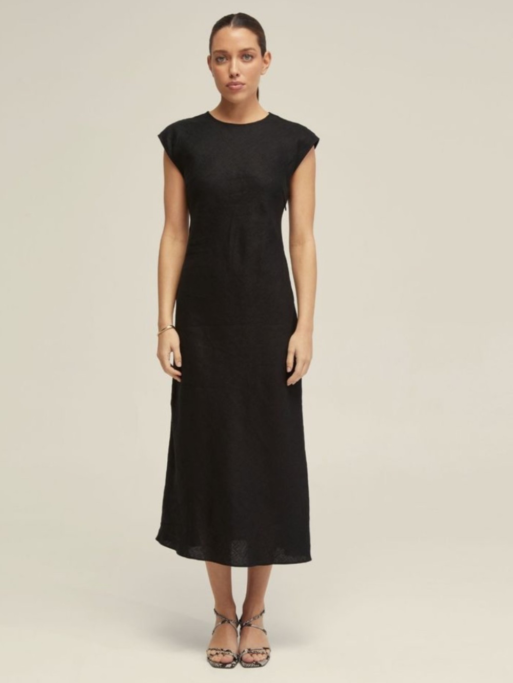 EVERLANE Classic Black linen Cap-Sleeve Midi Dress